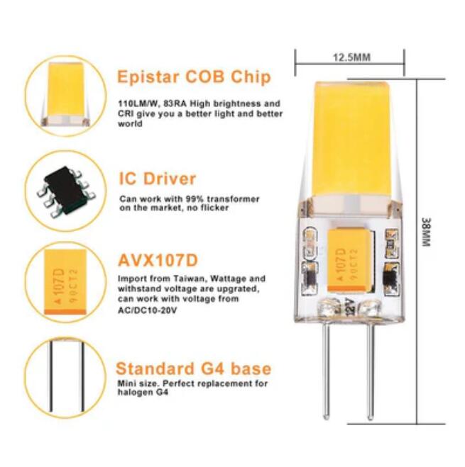 10 Pack G4 LED Light Bulb Bi-Pin base Silicon Encapsulation 12V 2 Watt 1505 COB LEDs CRI>80 160-180Lumen AC/DC 10-20V 20W Equivalent Halogen LED Replacement