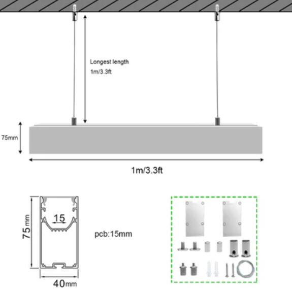 5 Pack H4075 Big Aluminum Extrusion Channel for Suspension Mounting Linear Office Lighting System