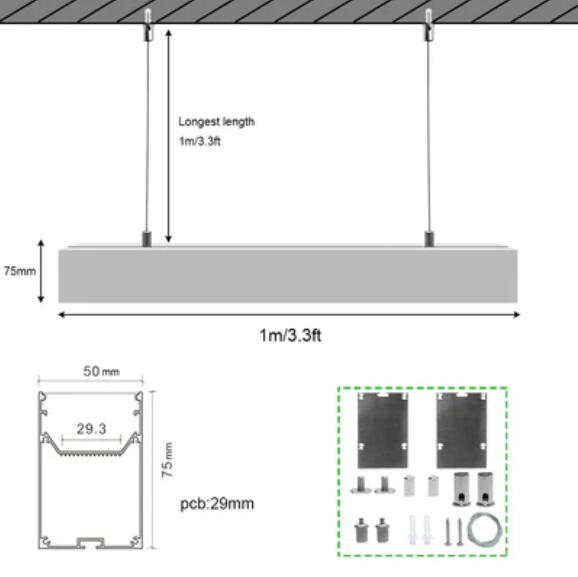 2 Pack H5075 Big Aluminum Extrusion Channel for Suspension Mounting Linear Office Lighting System