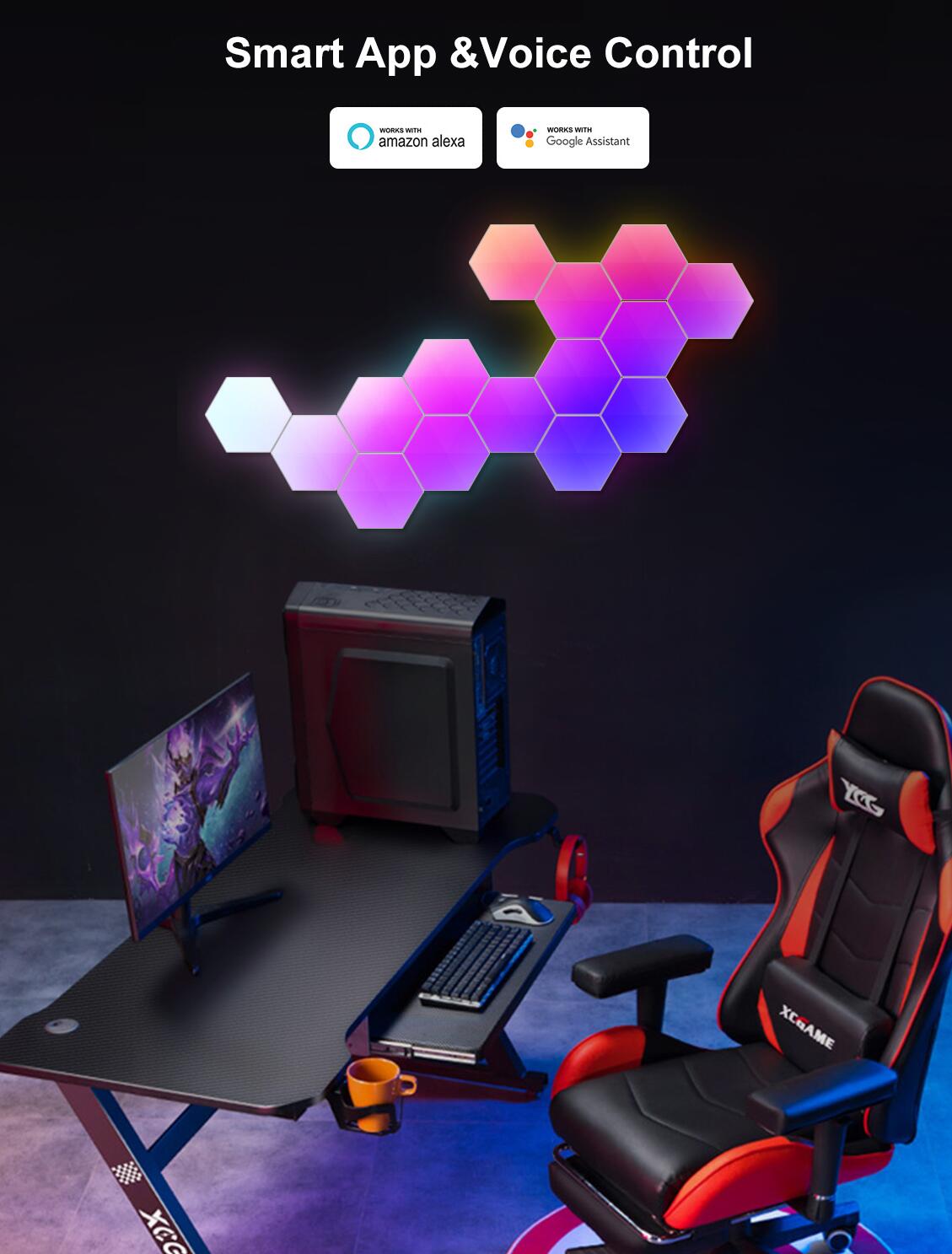Hexagon Lights Smart App Control RGB Hexagon LED Lights for Wall or Desktop with Music Sync for Gaming Room Streaming Decor