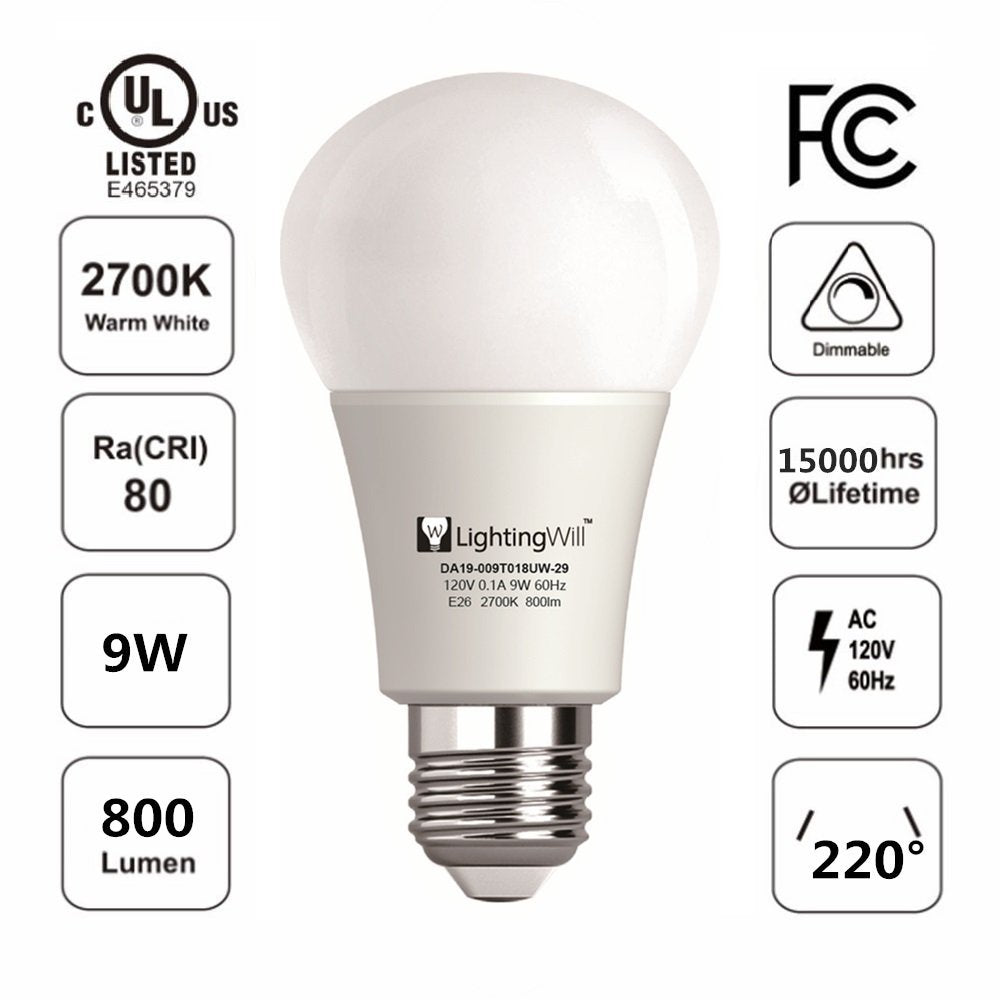 Free Shipping 50pcs X  UL CUL Approved 9 Watt 800 Lumen 2700K Warm White Color E26 Edison Screw Medium Base A19 LED Light Bulb, 75 Watt Bulb Equivalent