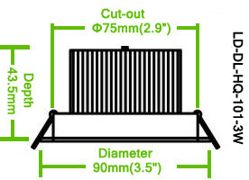 3W DL-HQ-101-3W LED Down Light Cut-out 75mm Diameter 3.5" White Recessed Dimmable/Non-Dimmable LED Down Light