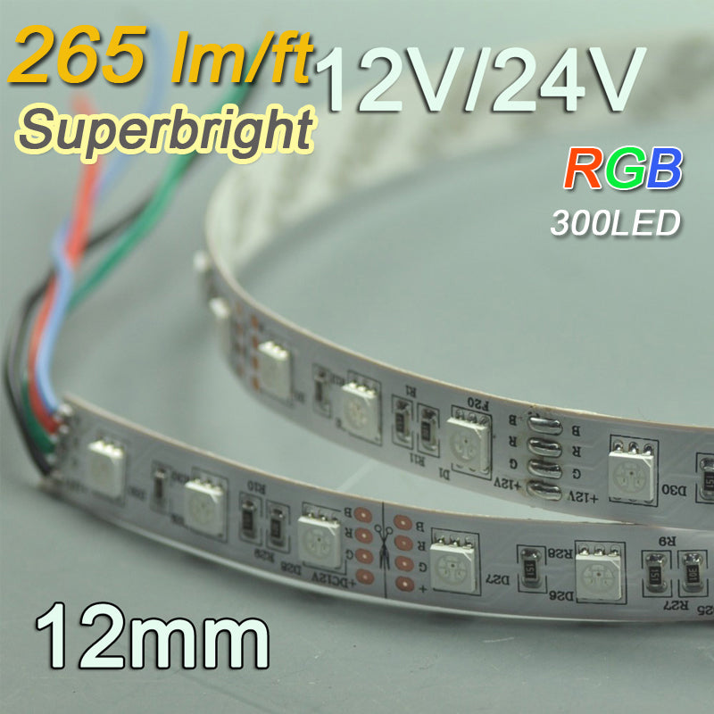 Brightest 12mm RGB Flexible  LED Strip 12V Optional  SMD5050 Multicolor Strip Light 5 meter(16.4ft) 300LEDs