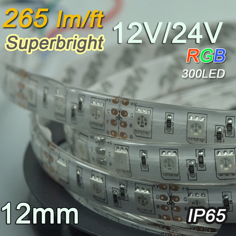 Brightest 12mm Waterproof 12V Optional 24V  RGB LED Flexible Light Strip SMD5050 Multicolor Strip Light 12V 5 meter(16.4ft) 300LEDs