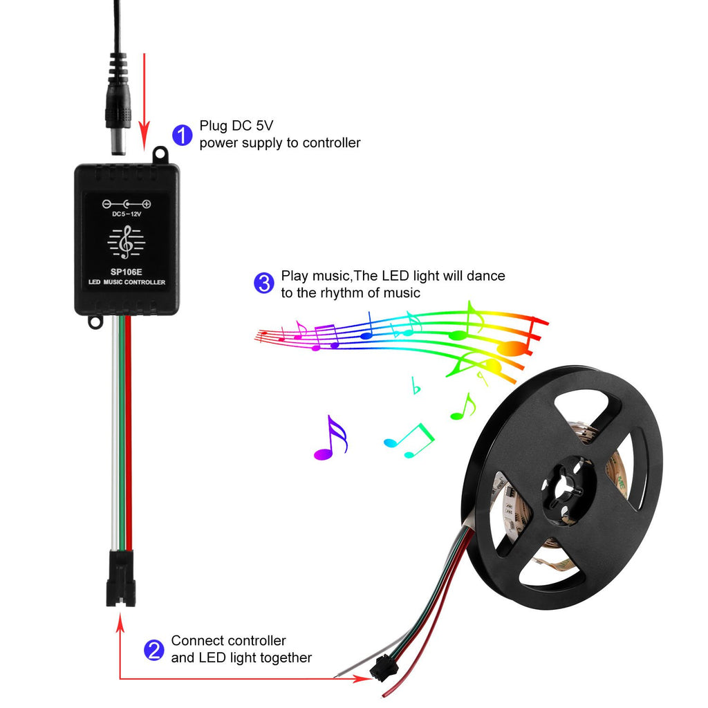 SP106E LED Music Controller, Sound Activated Wireless RF Remote Dream Color LED Controller for WS2812B WS2811 WS2812 RGB LED Strip Lights Sync to Music