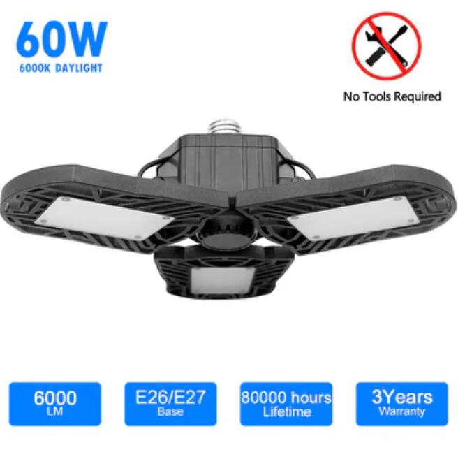 LED Garage Light 60W CRI 80 6000LM 6000K Deformable E26/E27 Base LED Ceiling Light for Garage