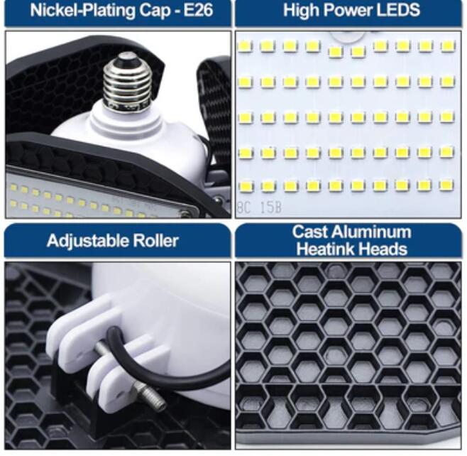 LED Garage Lights 55W Deformable LED Shop Light 7200LM Daylight White 400W Equivalent Work Light