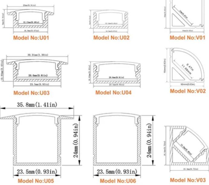 LED Profile LED Aluminum Channel Smaple Kit - 9 Models -50cm Each