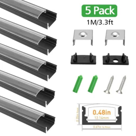5Pack of 50cm (20'') LED Profile U02 9x17mm U-Shap LED Aluminum Channel System Fit for 12mm Wide LED Strips