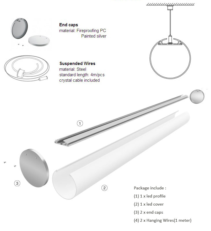 1 Meter  39.4â€ Aluminum LED Suspended Tube Light LED Profile Diameter 40mm suit 24mm Flexible led strip light