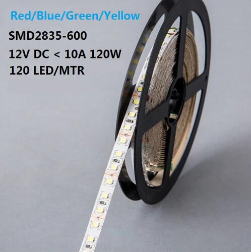 DC12V Red/Blue/Yellow/Green 84W 7A 5Meter (16.4Ft) SMD2835 600LEDs/Roll Color Rendering Index CRI80 Flexible LED Strips 1900LM/M 8mm Wide White PCB