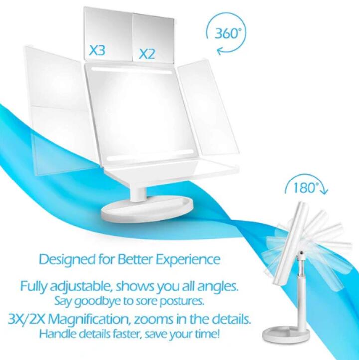 Tri-Fold LED Makeup Mirror w/ 360° Rotation, 3x/2x Magnification, 32 LEDs, Touching Dimmer and Dual Power Supply for Lighted Vanity Mirror