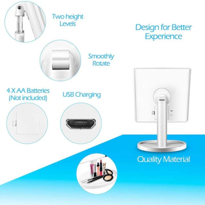 Tri-Fold LED Makeup Mirror w/ 360° Rotation, 3x/2x Magnification, 32 LEDs, Touching Dimmer and Dual Power Supply for Lighted Vanity Mirror