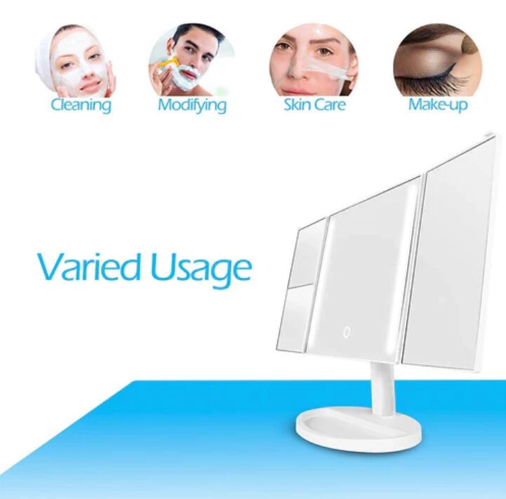 Tri-Fold LED Makeup Mirror w/ 360° Rotation, 3x/2x Magnification, 32 LEDs, Touching Dimmer and Dual Power Supply for Lighted Vanity Mirror