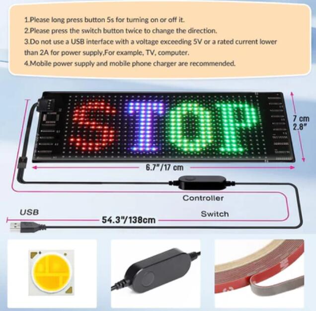 Model 1632 Flexible USB 5V Car LED Sign Bluetooth App Control Display Screen Text Pattern Animation LED sign display for Car Windows, Shop, Bar and Entrance Sign