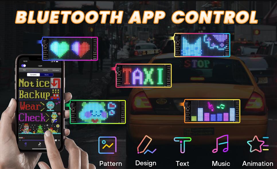 Model 1632 Flexible USB 5V Car LED Sign Bluetooth App Control Display Screen Text Pattern Animation LED sign display for Car Windows, Shop, Bar and Entrance Sign