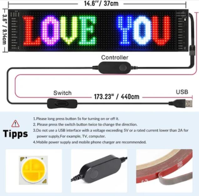 Model 1664 Flexible USB 5V Car LED Sign Bluetooth App Control Display Screen Text Pattern Animation LED sign display for Car Windows, Shop, Bar and Entrance Sign