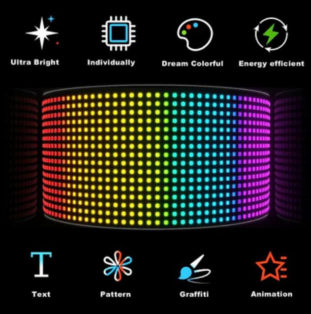 Model 1664 Flexible USB 5V Car LED Sign Bluetooth App Control Display Screen Text Pattern Animation LED sign display for Car Windows, Shop, Bar and Entrance Sign