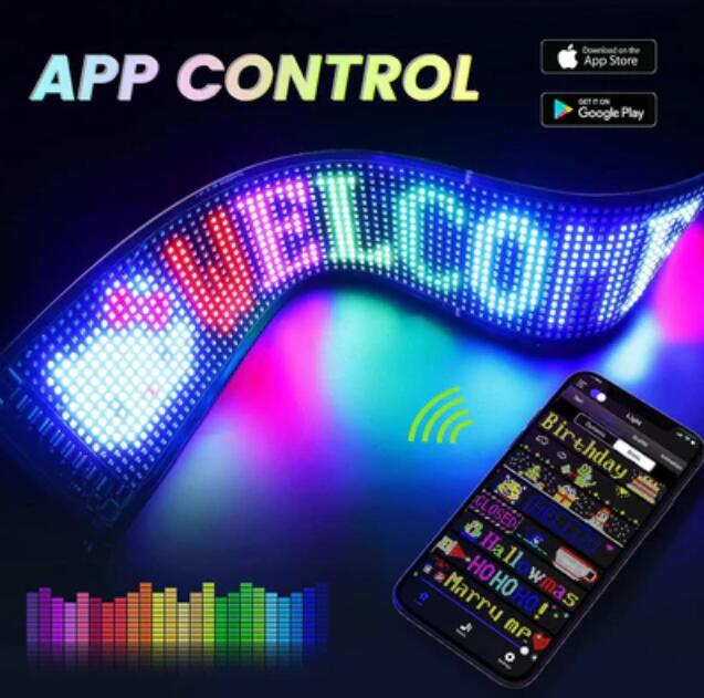 Model 1664 Flexible USB 5V Car LED Sign Bluetooth App Control Display Screen Text Pattern Animation LED sign display for Car Windows, Shop, Bar and Entrance Sign