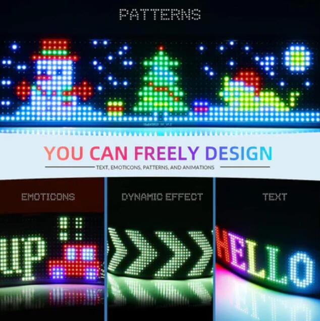 Model 1664 Flexible USB 5V Car LED Sign Bluetooth App Control Display Screen Text Pattern Animation LED sign display for Car Windows, Shop, Bar and Entrance Sign