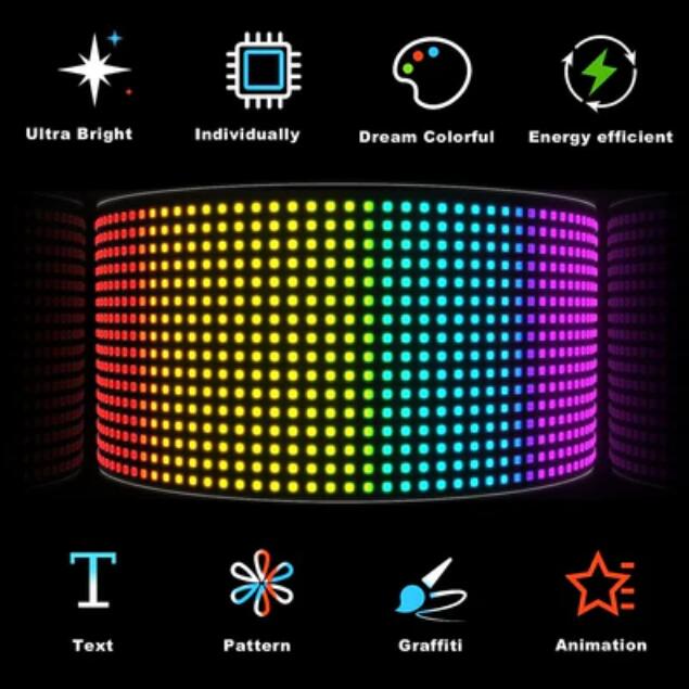 Model 1696 Flexible USB 5V Car LED Sign Bluetooth App Control Display Screen Text Pattern Animation LED sign display for Car Windows, Shop, Bar and Entrance Sign