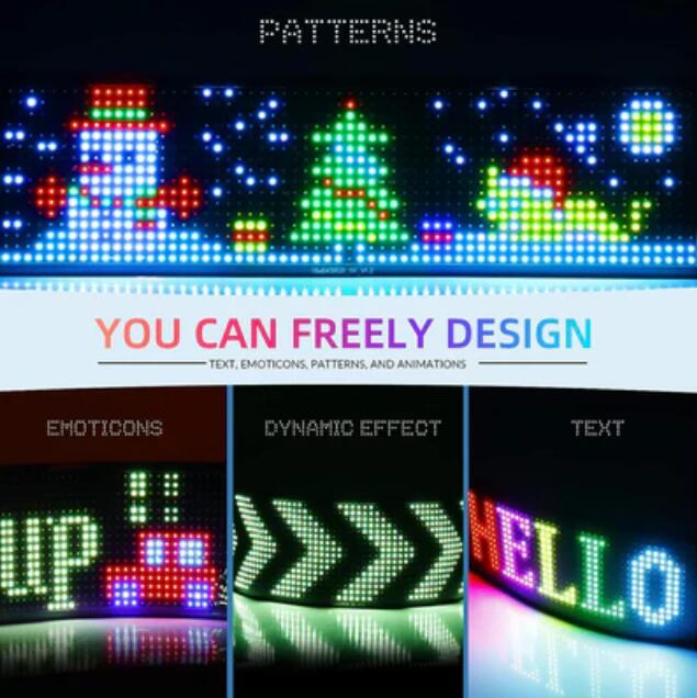 Model 1696 Flexible USB 5V Car LED Sign Bluetooth App Control Display Screen Text Pattern Animation LED sign display for Car Windows, Shop, Bar and Entrance Sign