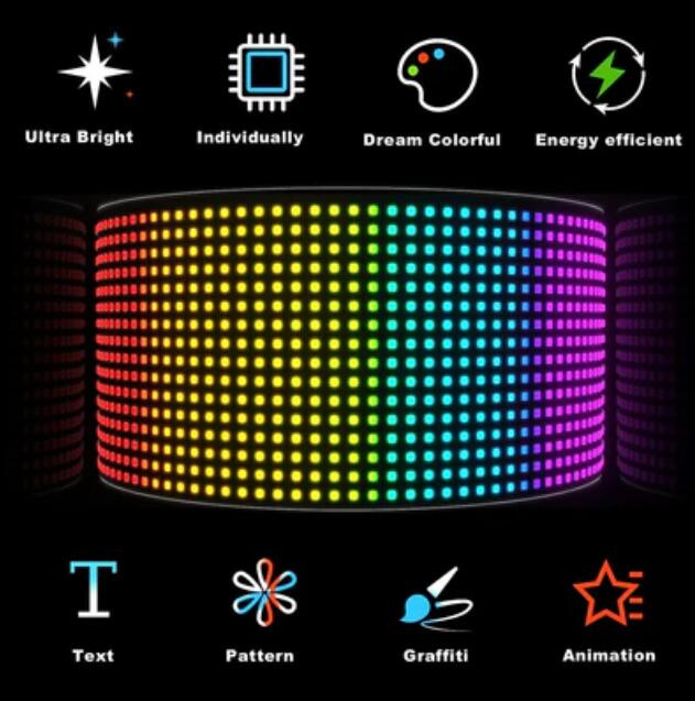 Model 1696 Small Flexible USB 5V Car LED Sign Bluetooth App Control Display Screen Text Pattern Animation LED sign display for Car Windows, Shop, Bar and Entrance Sign