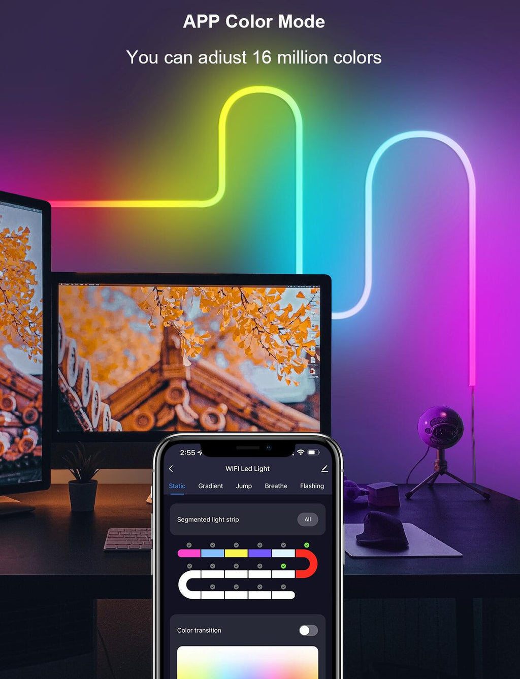 RGB Dream Color LED NEON Strip Light Kit in 16.4FT with 300LEDs Lighting Kit with APP Controlled Sound Active function Wireless Remote Control