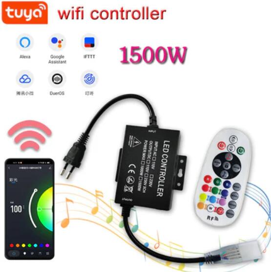 RGB LED Controller, 1500W Max High-Voltage WiFi Color Changing RGB Controller (Aluminum) with RF Remote and Music Time APP Control System for AC110-130V/ 200-240V LED Tape Rope Strip Lights