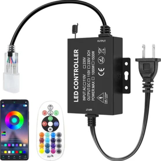RGB LED Controller, 1500W Max High-Voltage WiFi Color Changing RGB Controller (Aluminum) with RF Remote and Music Time APP Control System for AC110-130V/ 200-240V LED Tape Rope Strip Lights
