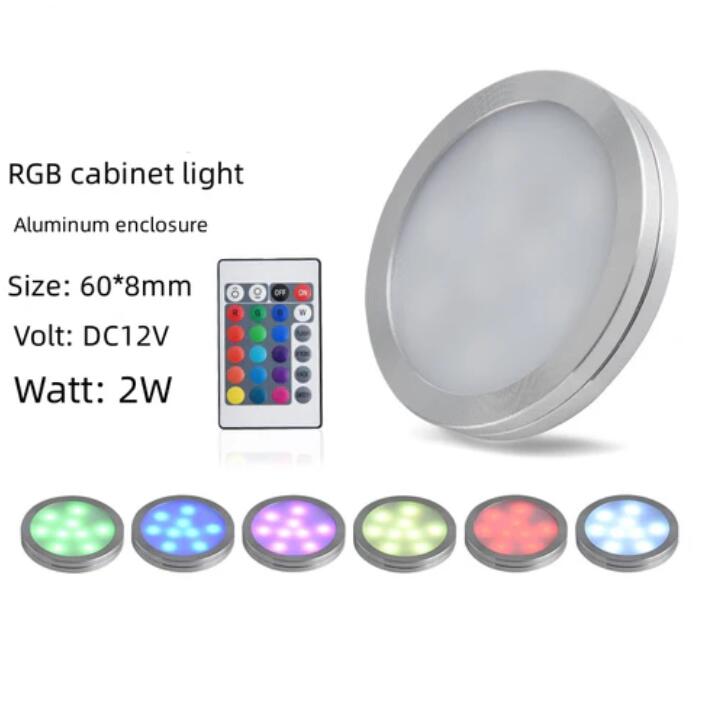 RGB LED Under Cabinet Lighting Silver Rounded Aluminum Alloy Shell 2W 12VDC Puck Light for Motorhome, Caravan, Truck, Kitchen, Wine Cabinet, Wardrobe