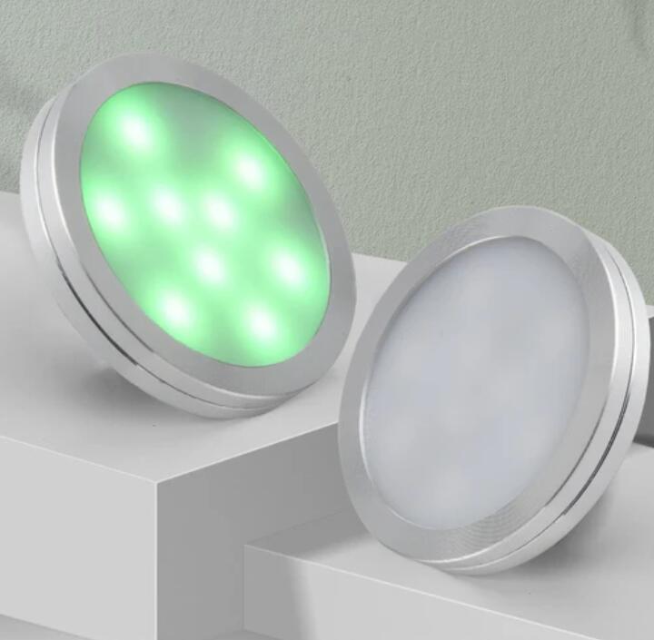 RGB LED Under Cabinet Lighting Silver Rounded Aluminum Alloy Shell 2W 12VDC Puck Light for Motorhome, Caravan, Truck, Kitchen, Wine Cabinet, Wardrobe