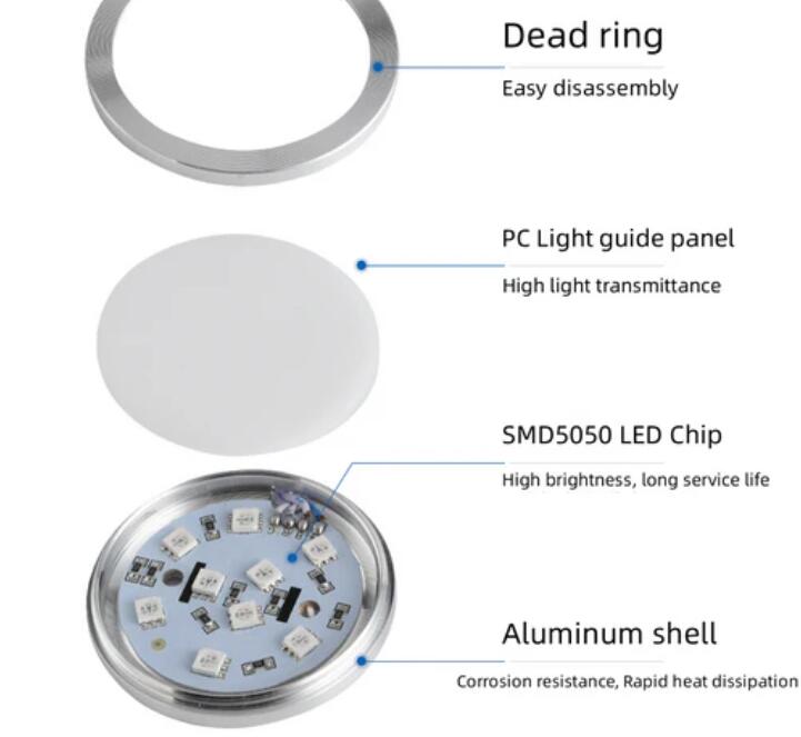 RGB LED Under Cabinet Lighting Silver Rounded Aluminum Alloy Shell 2W 12VDC Puck Light for Motorhome, Caravan, Truck, Kitchen, Wine Cabinet, Wardrobe