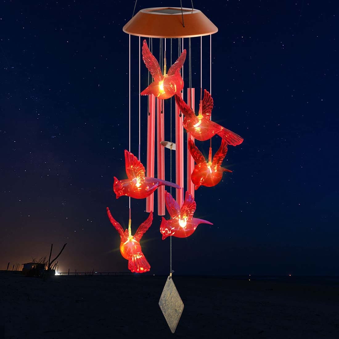 Red Bird Solar Wind Chime Outdoor Waterproof, Solar Mobile Hanging Light for Garden, Window, Yard, Birthday Party Decoration