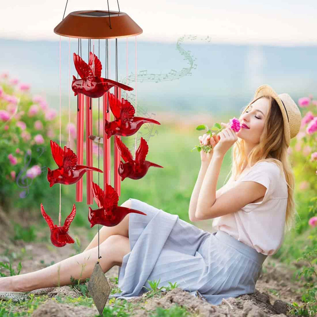 Red Bird Solar Wind Chime Outdoor Waterproof, Solar Mobile Hanging Light for Garden, Window, Yard, Birthday Party Decoration