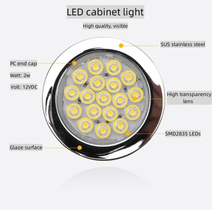 6pcs Packing Rounded LED Stainless Steel Under Cabinet Lighting 2W 12VDC 3 Switches are Available Controllable Puck Light for Motorhome, Caravan, Truck, Kitchen, Wine Cabinet, Wardrobe