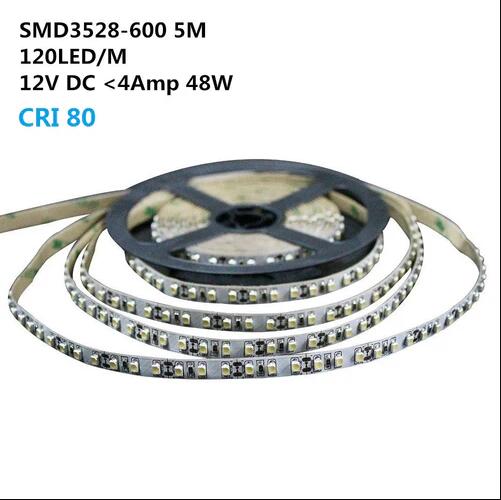 12V Dimmable SMD3528-600 Flexible LED Strips 120 LEDs Per Meter 8mm Width 600lm Per Meter