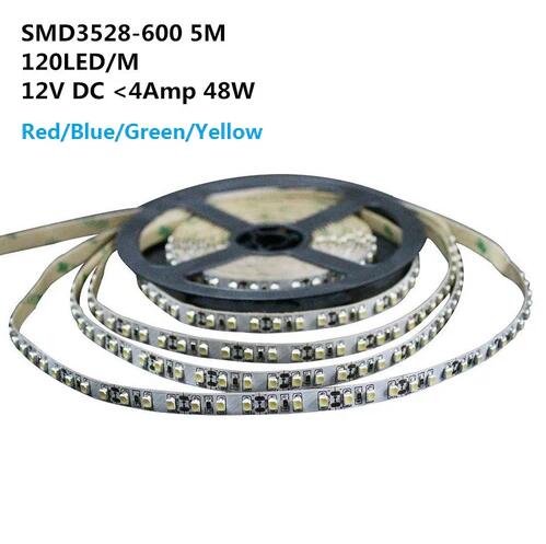 DC 12V Red/Blue/Green/Yellow Dimmable SMD3528-600 Flexible LED Strips 120 LEDs Per Meter 8mm Width 600lm Per Meter