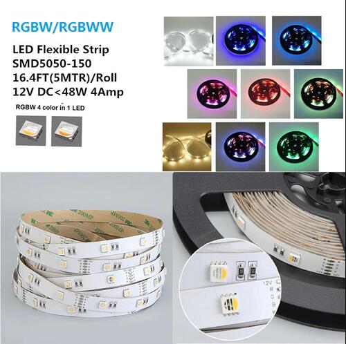 DC 12V RGBW/RGBWW LED Strip Light, 16.4FT/5M SMD5050-150, 30LEDs 9.6W per Meter 4in1 SMD5050 RGBW LED Light
