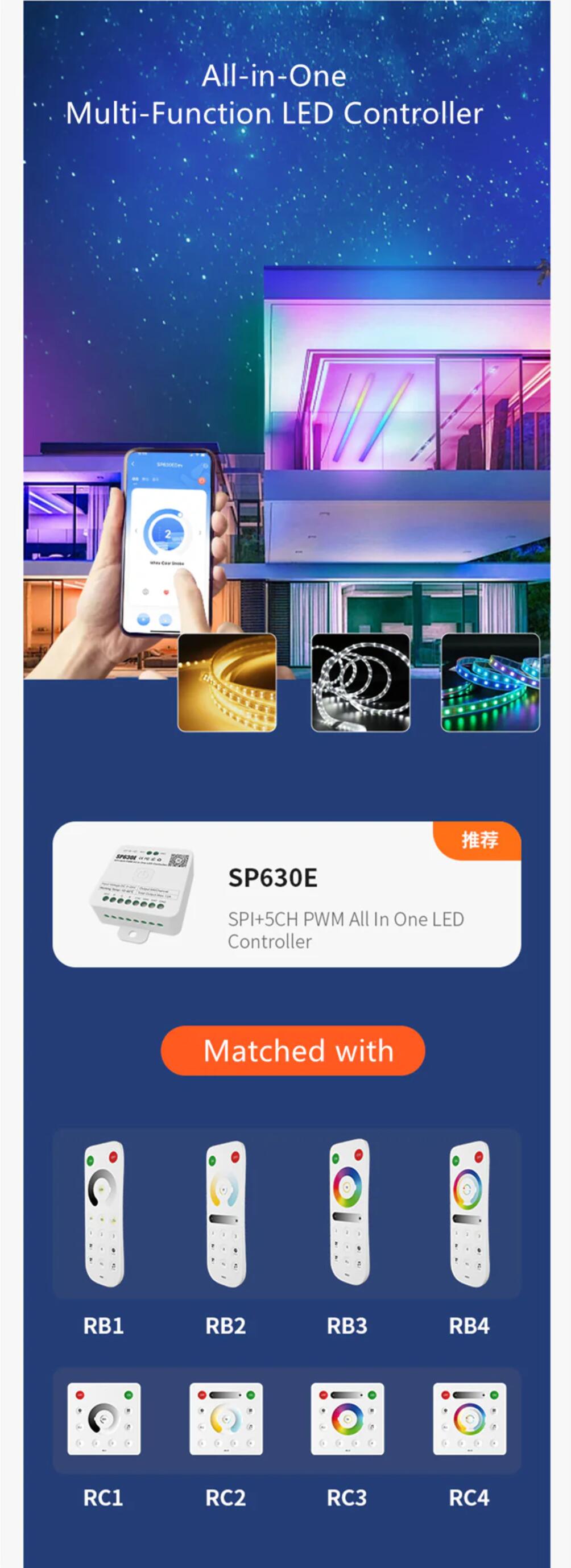 SP630E All-in-One SPI + 5CH PWW LED Controller Bluetooth Music Controller for LED Strips and LED Lights iOS/Android App Control