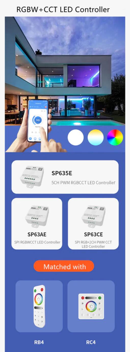SP630E All-in-One SPI + 5CH PWW LED Controller Bluetooth Music Controller for LED Strips and LED Lights iOS/Android App Control