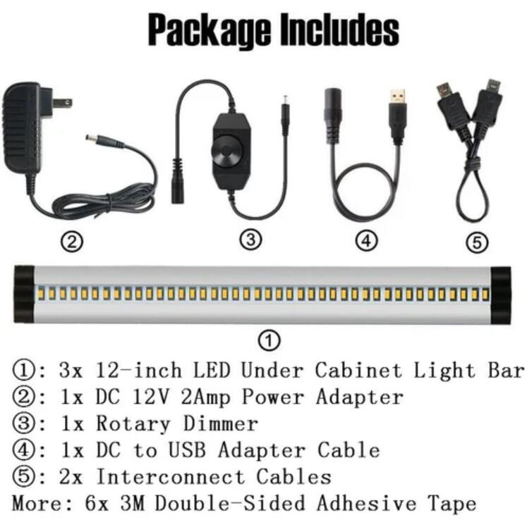 3pcs Pack Silver Finish LED Under Cabinet Lighting Kit Dimmable CRI90 Ultra Thin SMD2835 12V 15W 900 Lumens with Dimmer & Power Supply Included
