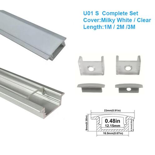 Silver U01 9x23mm U-Shape LED Aluminum Channel System for LED Strip Light Installation