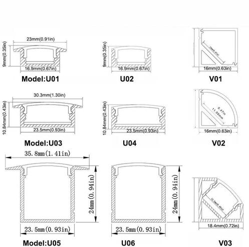 Silver U01 9x23mm U-Shape LED Aluminum Channel System for LED Strip Light Installation