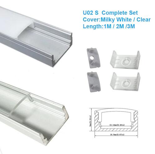 Silver U02 Profile 9x17mm U-Shape LED Aluminum Channel System for LED Strip Light Installations