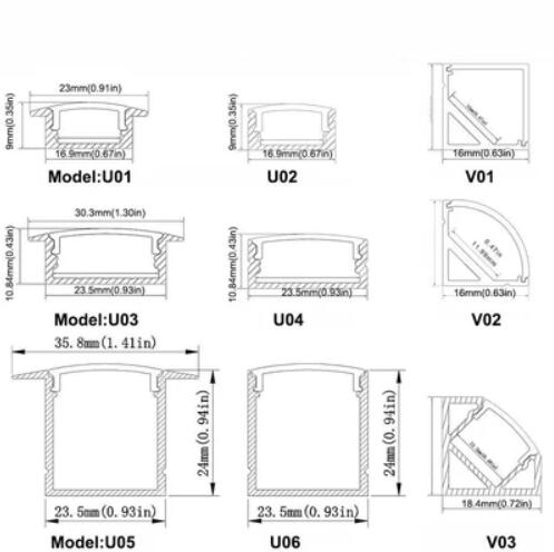 Silver U04 10x23mm U-Shape LED Aluminum Profile Aluminum Extrusion for LED Strip Light Installation