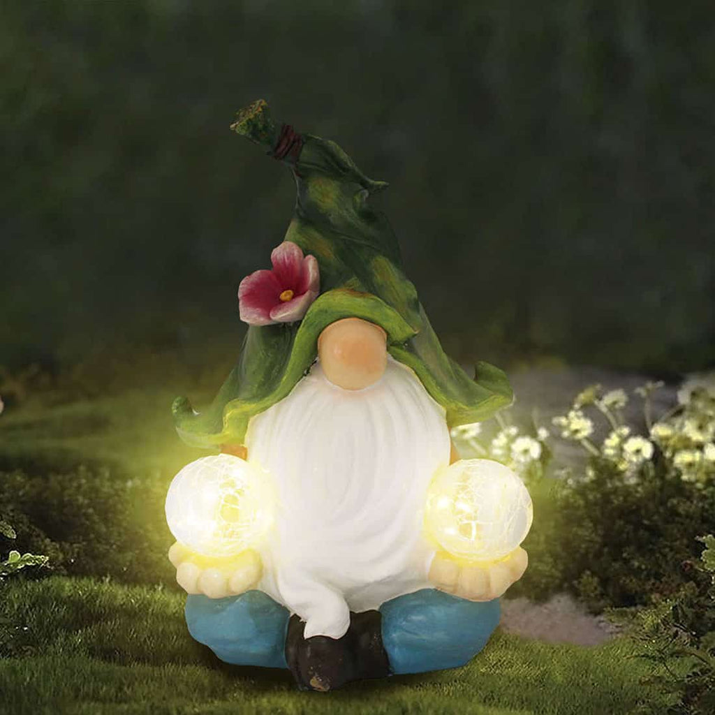 Solar Garden Lights, Meditating Gnome Statue with Double Solar Power Light Orbs Design for Patio, Yard, Landscape Decoration