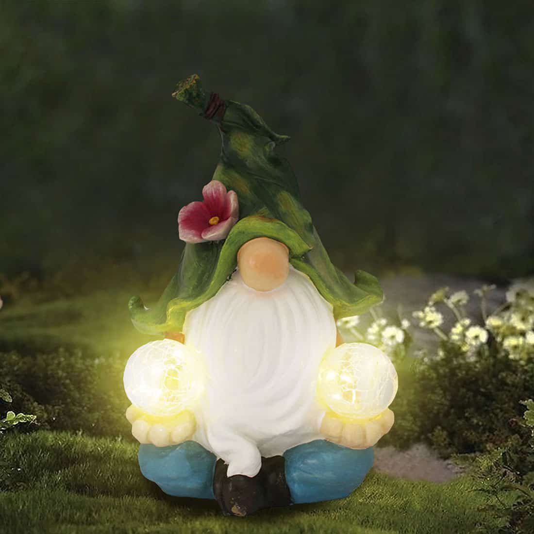 Solar Garden Lights, Meditating Gnome Statue with Double Solar Power Light Orbs Design for Patio, Yard, Landscape Decoration