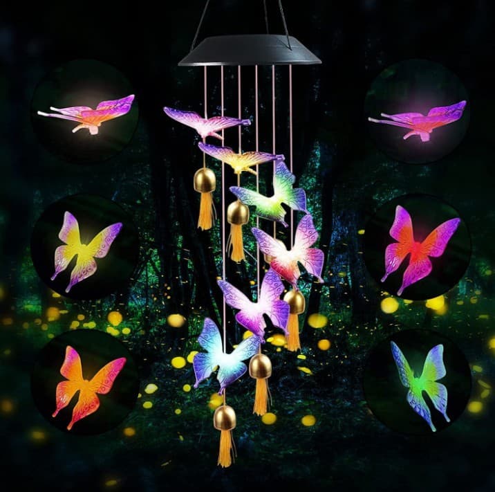 Solar Wind Chimes, Butterfly Hanging Mobile Color Changing Lights with Bells for Garden Patio Windows Festival Outdoor Decoration