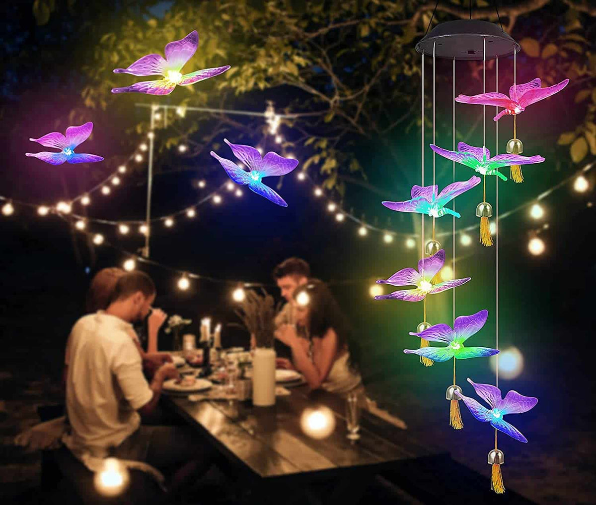 Solar Wind Chimes, Butterfly Hanging Mobile Color Changing Lights with Bells for Garden Patio Windows Festival Outdoor Decoration